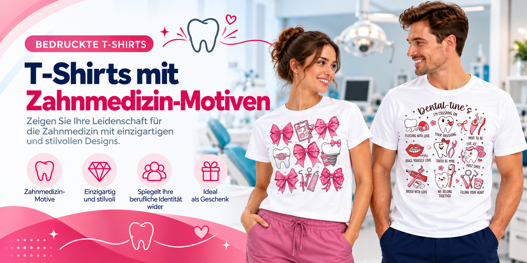 Zahnarzt-Motive auf bedruckten T-Shirts