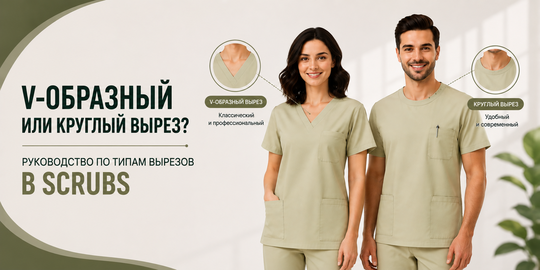 V-образный или круглый вырез? Руководство по видам вырезов медицинских скрабов