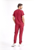 Bordo Jogger Doktor Hemşire Medikal Scrubs Takım Lüks Likralı Kumaş