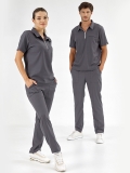 Charcoal Gray Polo Neck Doctor Nurse Medical Scrubs Set Luxury Lycra Fabric