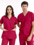 Vişne Dr. Greys Doktor Hemşire Medikal Scrubs Takım Lüks Likralı Kumaş