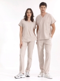 Krem Dr. Greys Doktor Hemşire Medikal Scrubs Takım Lüks Likralı Kumaş