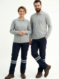 Gri Melanj Polo Yaka Uzun Kol İş Sweatshirtü Penye Lacoste Kumaş