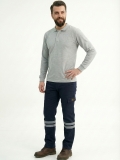 Gri Melanj Polo Yaka Uzun Kol İş Sweatshirtü Penye Lacoste Kumaş