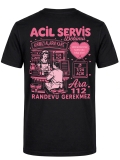 Acil Servis Kafe Baskılı Kısa Kol Siyah Tişört (%100 Pamuk Penye Kumaş)