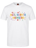 Acil Servis Hemşire Baskılı Kısa Kol Beyaz Tişört (%100 Pamuk Penye Kumaş)