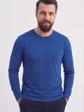 Saks Mavisi %100 Pamuk Penye Yuvarlak Yaka T-shirt Uzun Kol