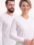 Beyaz %100 Pamuk Penye V Yaka T-shirt Uzun Kol