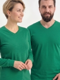 Brezilya Yeşili %100 Pamuk Penye V Yaka T-shirt Uzun Kol