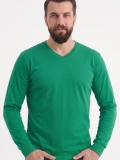 Brezilya Yeşili %100 Pamuk Penye V Yaka T-shirt Uzun Kol