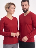 Kırmızı %100 Pamuk Penye V Yaka T-shirt Uzun Kol
