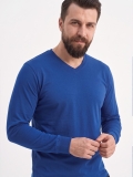 Saks Mavisi %100 Pamuk Penye V Yaka T-shirt Uzun Kol