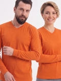 Turuncu %100 Pamuk Penye V Yaka T-shirt Uzun Kol