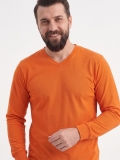 Turuncu %100 Pamuk Penye V Yaka T-shirt Uzun Kol