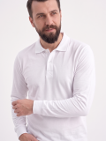 Beyaz Polo Yaka Uzun Kol İş Sweatshirtü Penye Lacoste Kumaş