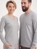 Gri Melanj %100 Pamuk Penye V Yaka T-shirt Uzun Kol