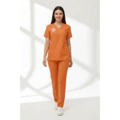 Klinik Destek Kadrosu Forması Alt Üst Scrubs Takım (Sağlık Bakanlığı 2025 Standartlarıyla Uyumlu)-Orange Ochre