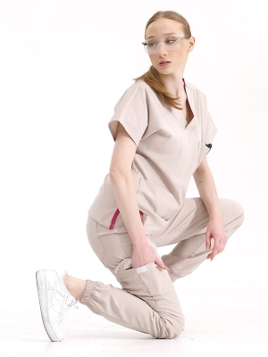 Creme Jogger Medizinischer Scrubs Set für Ärzte und Pflege Luxus Lycra-Stoff