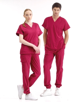 Vişne Jogger Doktor Hemşire Medikal Scrubs Takım Lüks Likralı Kumaş