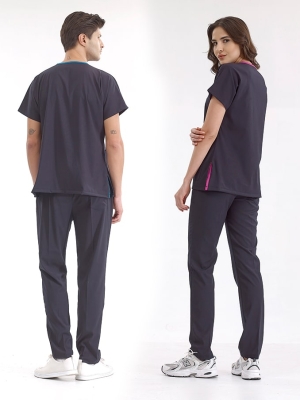 Lacivert Dr. Greys Doktor Hemşire Medikal Scrubs Takım Lüks Likralı Kumaş