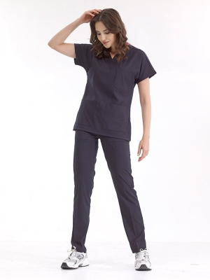 Lacivert Dr. Greys Doktor Hemşire Medikal Scrubs Takım Lüks Likralı Kumaş