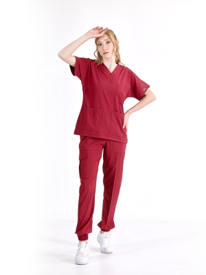 Bordo Jogger Doktor Hemşire Medikal Scrubs Takım Lüks Likralı Kumaş