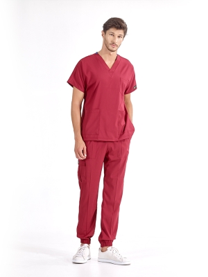 Bordo Jogger Doktor Hemşire Medikal Scrubs Takım Lüks Likralı Kumaş