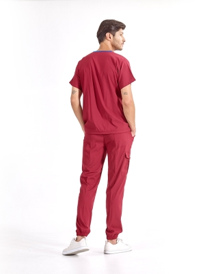 Bordo Jogger Doktor Hemşire Medikal Scrubs Takım Lüks Likralı Kumaş
