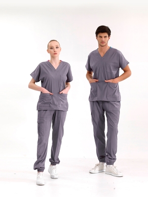 Kurşuni Gri Jogger Doktor Hemşire Medikal Scrubs Takım Lüks Likralı Kumaş