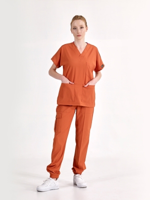 Kiremit Jogger Doktor Hemşire Medikal Scrubs Takım Lüks Likralı Kumaş
