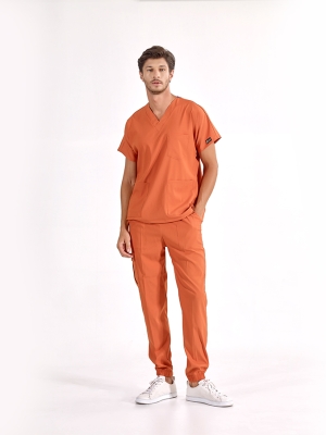 Kiremit Jogger Doktor Hemşire Medikal Scrubs Takım Lüks Likralı Kumaş