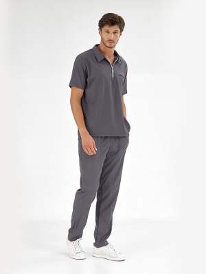 Füme Polo Yaka Doktor Hemşire Medikal Scrubs Takım Lüks Likralı Kumaş