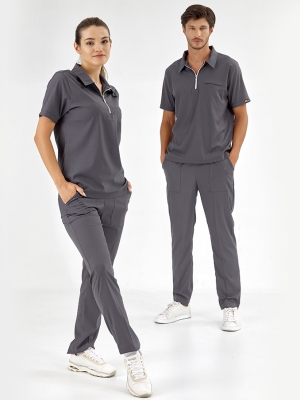 Füme Polo Yaka Doktor Hemşire Medikal Scrubs Takım Lüks Likralı Kumaş