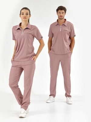 Gül Kurusu Polo Yaka Doktor Hemşire Medikal Scrubs Takım Lüks Likralı Kumaş