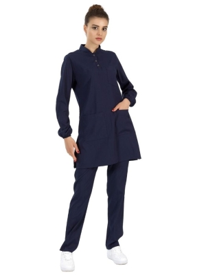 Navy Blue Modest Mandarin Collar Doctor Nurse Medical Scrubs Set Luxury Lycra Fabric