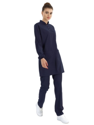 Navy Blue Modest Mandarin Collar Doctor Nurse Medical Scrubs Set Luxury Lycra Fabric