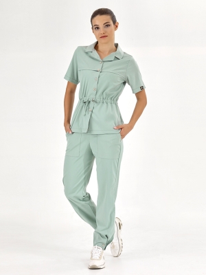 Mint Yeşili Retro Kadın Doktor Hemşire Medikal Scrubs Takım Lüks Likralı Kumaş