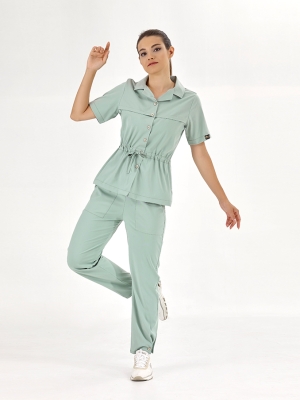 Mint Yeşili Retro Kadın Doktor Hemşire Medikal Scrubs Takım Lüks Likralı Kumaş