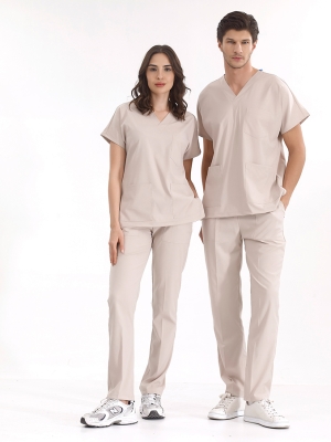 Krem Dr. Greys Doktor Hemşire Medikal Scrubs Takım Lüks Likralı Kumaş