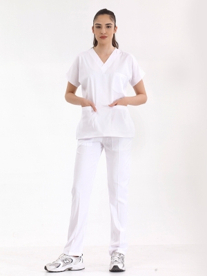 Beyaz Dr. Greys Doktor Hemşire Medikal Scrubs Takım Lüks Likralı Kumaş