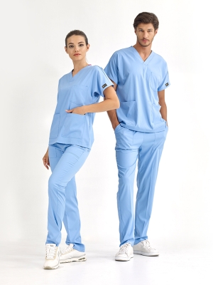 Açık Mavi Dr. Greys Doktor Hemşire Medikal Scrubs Takım Lüks Likralı Kumaş