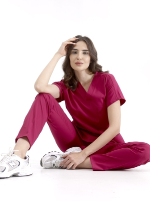 Vişne Dr. Greys Doktor Hemşire Medikal Scrubs Takım Lüks Likralı Kumaş