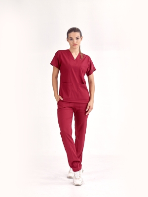 Bordo Dr. Greys Doktor Hemşire Medikal Scrubs Takım Lüks Likralı Kumaş