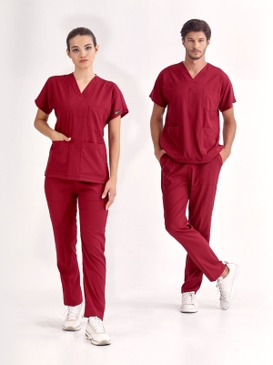 Bordo Dr. Greys Doktor Hemşire Medikal Scrubs Takım Lüks Likralı Kumaş