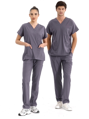 Kurşuni Gri Dr. Greys Doktor Hemşire Medikal Scrubs Takım Lüks Likralı Kumaş