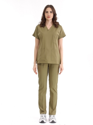 Haki Dr. Greys Doktor Hemşire Medikal Scrubs Takım Lüks Likralı Kumaş