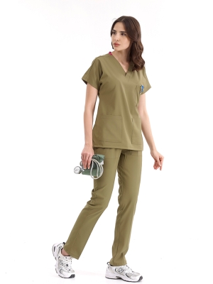 Haki Dr. Greys Doktor Hemşire Medikal Scrubs Takım Lüks Likralı Kumaş