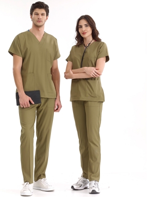 Haki Dr. Greys Doktor Hemşire Medikal Scrubs Takım Lüks Likralı Kumaş