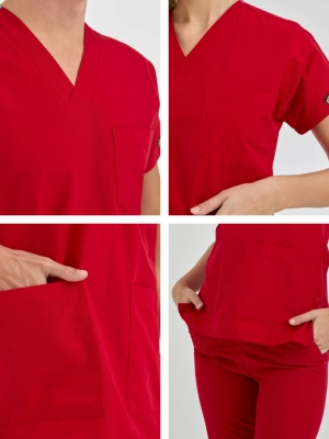 Kırmızı Dr. Greys Doktor Hemşire Medikal Scrubs Takım Terikoton Kumaş