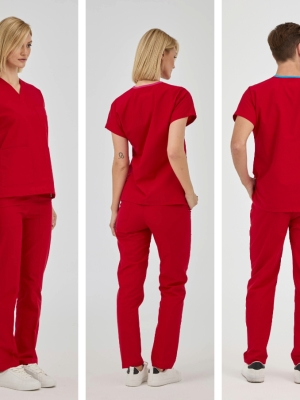 Kırmızı Dr. Greys Doktor Hemşire Medikal Scrubs Takım Terikoton Kumaş